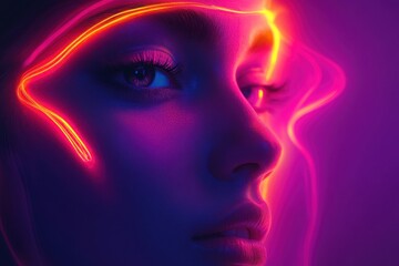 Creative portrait highlighting vivid neon colors and reflections in a dark setting
