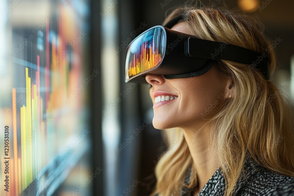 Fototapete exploring virtual reality with vivid graphics in a modern workspace during daylight