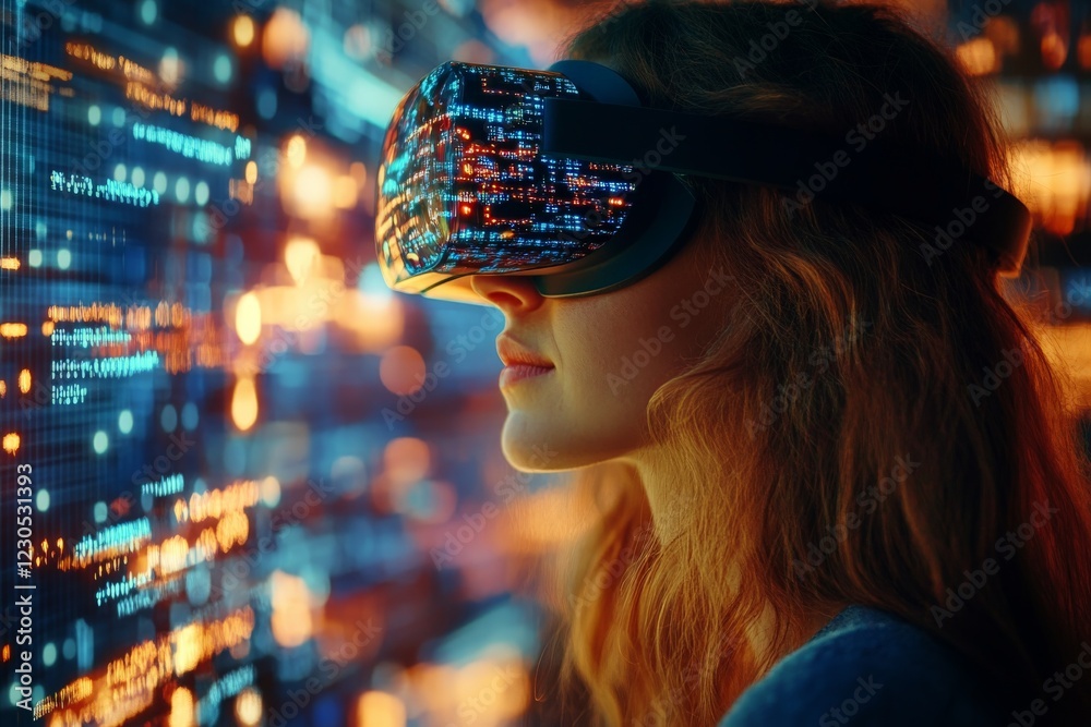 Aufkleber woman experiencing virtual reality technology in a digital environment filled with lights and colors