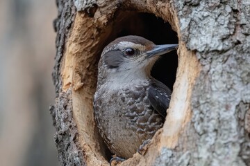 Bird perched at the entrance of a tree hollow during daylight hours in a natural forest setting