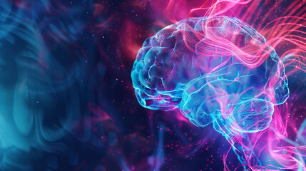 A digital brain with vivid blue and pink colors floats in a dark, abstract space. Concept of technological intelligence. For science and technology visuals.