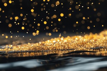 Delicate gold particles rest beautifully within river sediment, catching sunlight and reflecting bright sparkles against a dark background, showcasing nature's hidden treasures