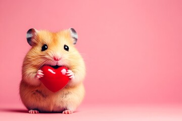 Hamster - my treasured animal. Ad visual idea. Cute hamster baby with critter toy red heart - emblem of love, funny greeting card. Digital ads idea. Romantic animal sketches. Cute animal love.