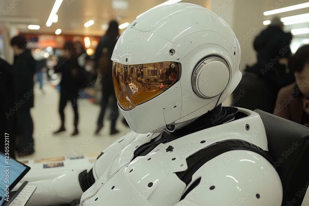 Poster Robot in a futuristic setting engaging with humans in a busy urban environment