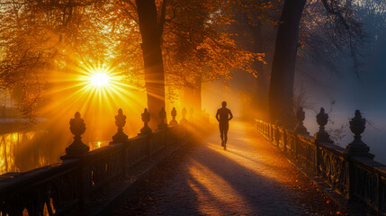 Fototapeta premium Golden Hour Jog: runners silhouette on an autumnal bridge at sunrise