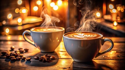 Warm Latte and Cappuccino in Low Light - Cozy Coffee Shop Ambiance