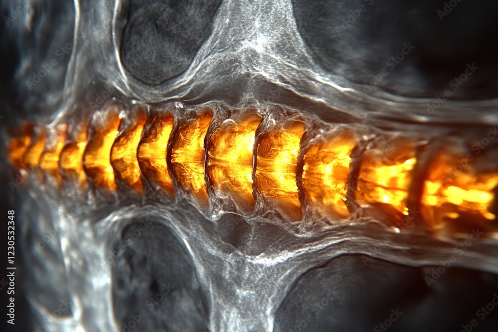 Aufkleber Close-up view of a glowing spine structure highlighting intricate anatomical features in a dark background