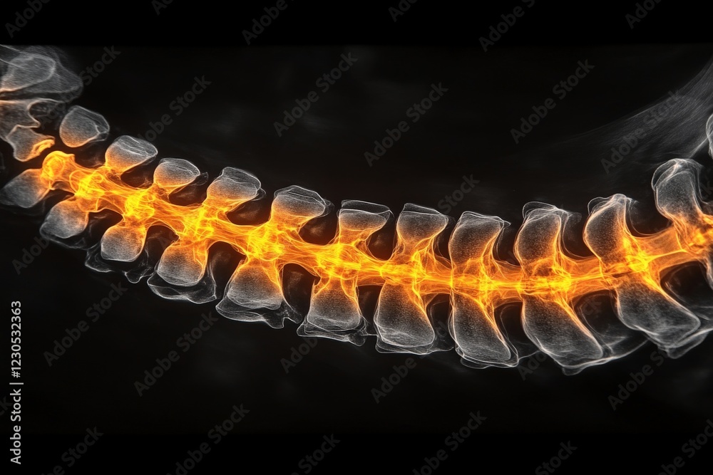 Poster detailed view of a human spine glowing in a dark setting showcases the intricate structures of verte
