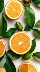 Bright oranges and their slices are thoughtfully placed among fresh green leaves, creating a vibrant composition on a dark surface