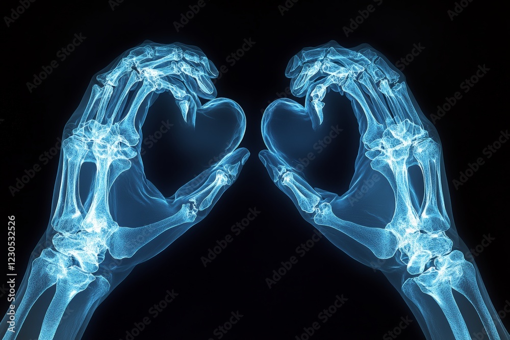 Poster Human skeletal hands forming a heart shape against a black background showing intricate bone structure