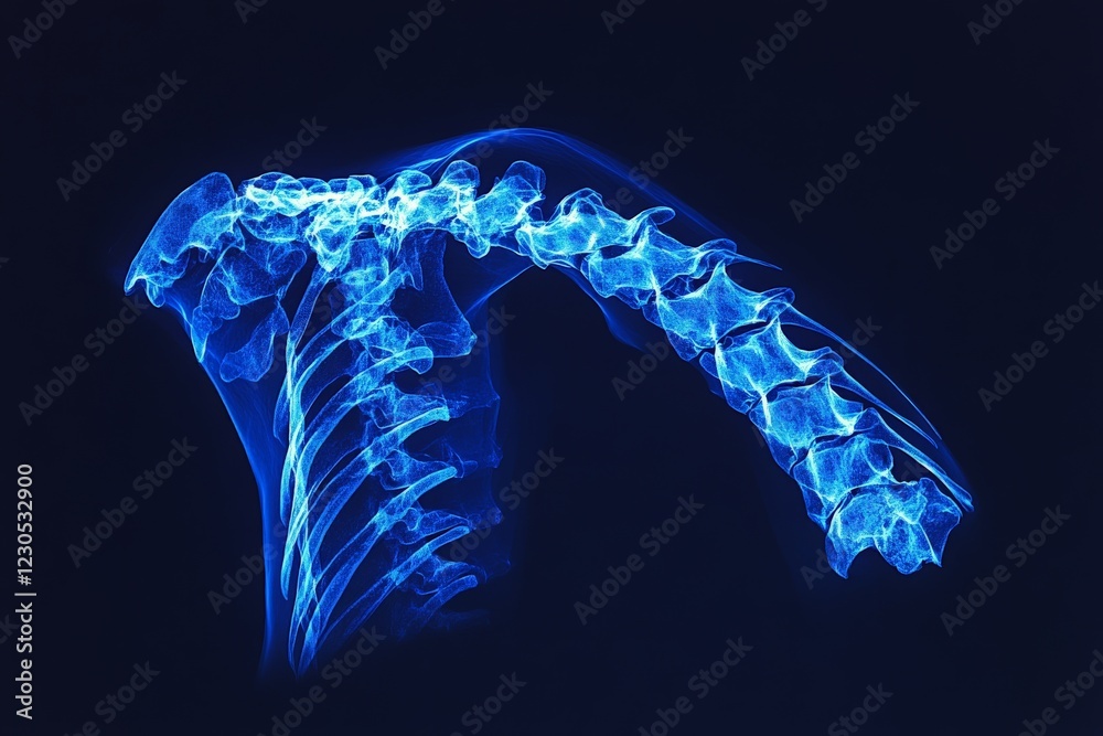 Poster Detailed view of a human spine illuminated in blue against a dark background showcasing the vertebrae structure
