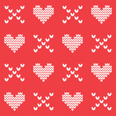 Valentine's Day Seamless Geometric Pattern. Tic-tac-toe Game with Hearts. White Knitted Hearts, Crosses on Red Background. Modern Holiday Background. Happy Valentines Day Print. Vector illustration
