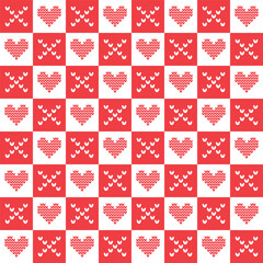 Tic-tac-toe Game with Hearts. Print. Knitted Hearts, Crosses on Red White Checkered Background. Valentine's Day Seamless Geometric Pattern. Holiday Background. Happy Valentines Day Print. Vector image