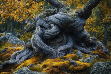 An ancient, gnarled tree with roots emerging from a bed of colorful moss, its bark twisted and weathered by time, surrounded by a mystical forest