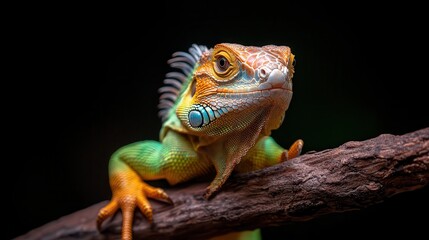 Fototapeta premium A striking iguana perches on a branch, showcasing its vivid colors and unique texture, exemplifying the beauty of wildlife in its natural habitat.
