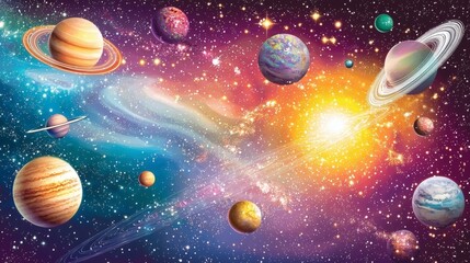 Fototapeta premium Cosmic Panorama: A Vivid Celestial Tapestry of Planets, Stars, and Nebulae