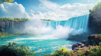 Fototapeta premium Majestic waterfall cascading, sunny day, lush greenery, mist, travel