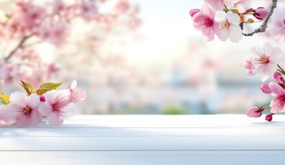 Serene Springtime: Pink Cherry Blossoms on a White Wooden Table