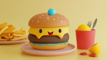 Happy burger, fries, lemon, cutlery, yellow background; food illustration