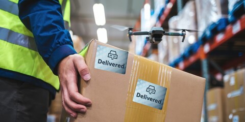 Fototapeta premium Drone Delivery System: Warehouse worker carries a delivered package with a drone hovering nearby, showcasing efficient logistics and automation in modern delivery services.