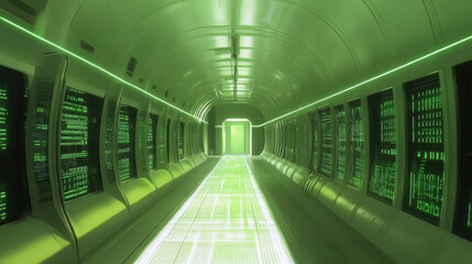 High-tech data center illuminated by glowing green lights with rows of servers