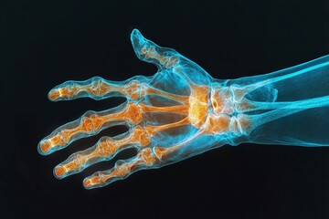 Fototapeta premium X-ray of a human hand showing bones and joints in vibrant colors during a medical examination