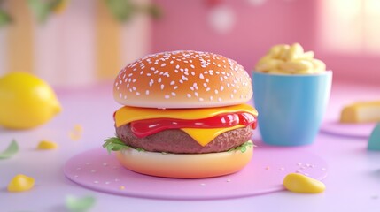 Cheeseburger, Mac & Cheese, Pink Setting, Playful Food Photo, Menu Use