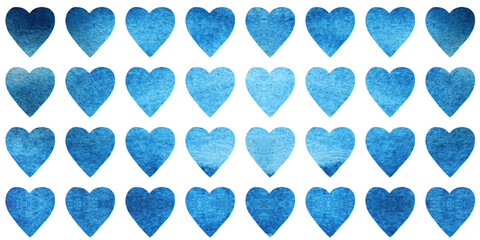Seamless pattern with blue watercolor hearts.Blue watercolor abstract background.