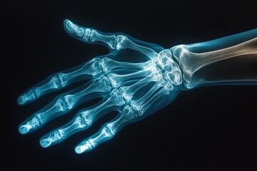 Naklejka premium X-ray of a human hand highlighting the bones and joints in detail for medical analysis and education
