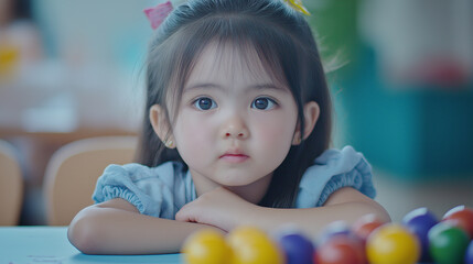 Fototapeta premium Adorable little girl with big expressive eyes sitting at a colorful table, childhood innocence, curiosity, learning environment, cute portrait, and early education concept