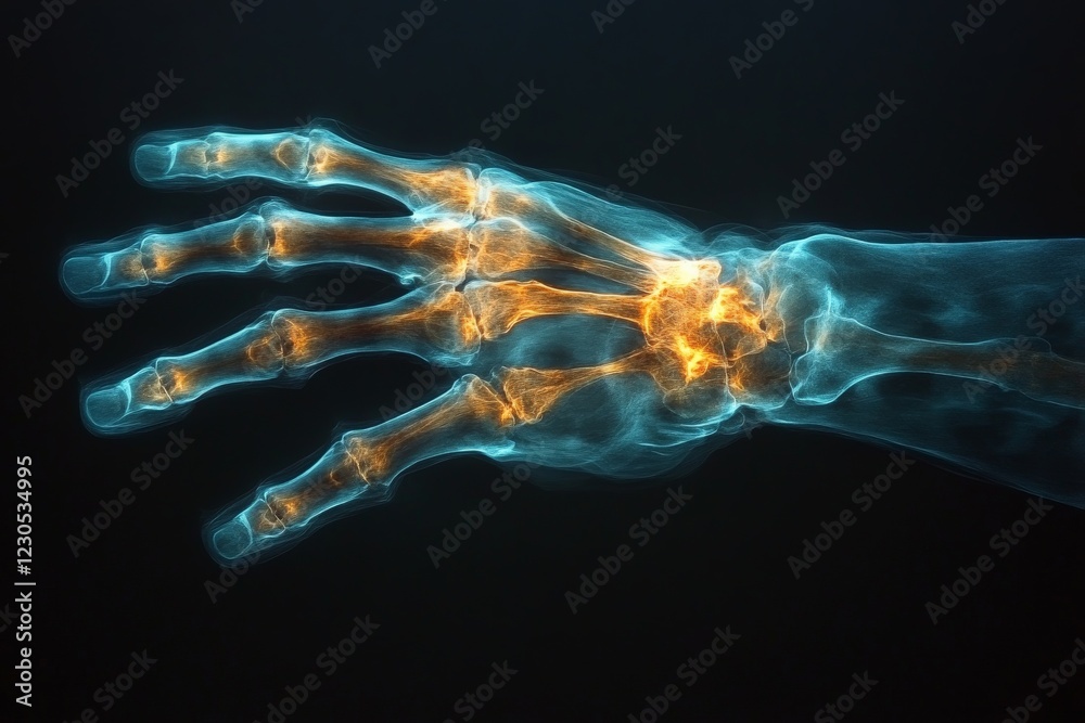 Poster detailed illustration of a human hand skeleton with highlighted joints and bones in a dark backgroun