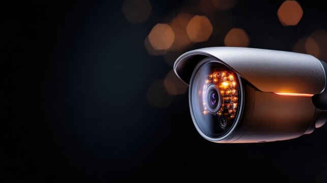 An artistic capture of a stylish security camera featuring intricate details and enhanced features, set against a dark background to emphasize its importance in surveillance.