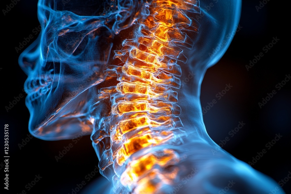Poster detailed view of human skeleton highlighting the neck region and spine structure during an anatomica