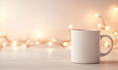 A white coffee cup sits on a table with a background of lights