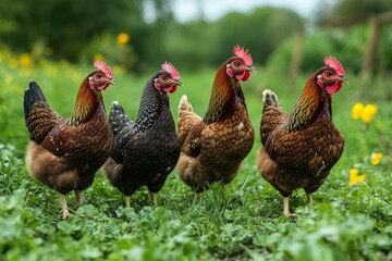 Fototapeta premium Four Chickens Strolling in Green Pasture