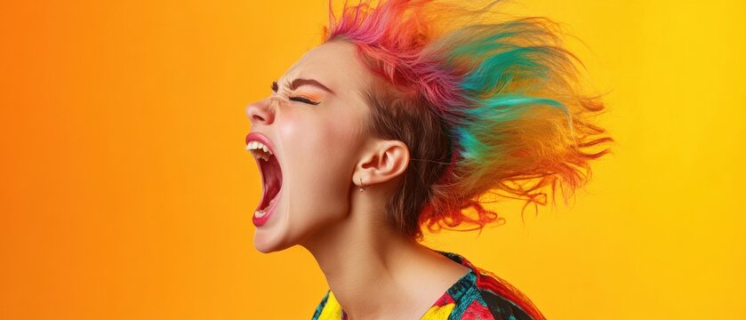 Young white woman with vibrant rainbow hair screaming in profile against a bright orange background Concept of anger, frustration, and emotional expression