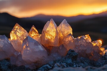 Glowing quartz crystals at sunset, illuminating the mountain landscape with their radiant light.