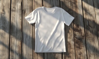 A white shirt is laying on a wooden surface