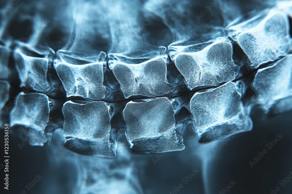 Poster x-ray image showing a detailed view of human vertebrae highlighting spinal structure and health