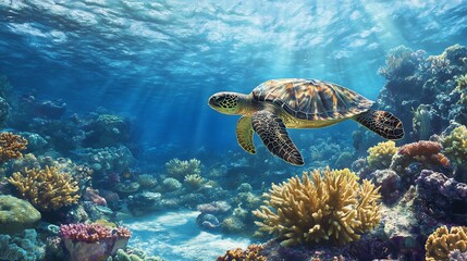 Naklejka premium Sea Turtle Grace: Vibrant Coral Reef Serenity