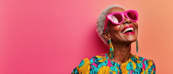 Cheerful senior Black woman with pink sunglasses and colorful top laughing joyfully against a vibrant pink and orange background Concept of happiness, fashion, and positive aging