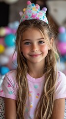 Fototapeta premium Joyful Young Girl in Crown at Colorful Birthday Party Celebration