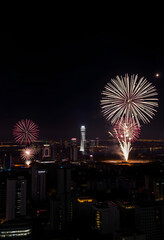 Fireworks lighting up the night sky over a cityscape, capturing the joyous and patriotic celebrations of Independence Day , with white tonespng