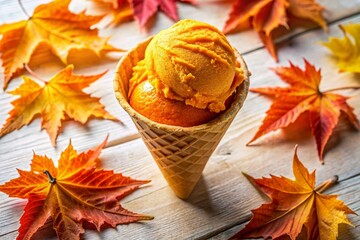 Watercolor Macro Orange Ice Cream in Waffle Cone with Leaves