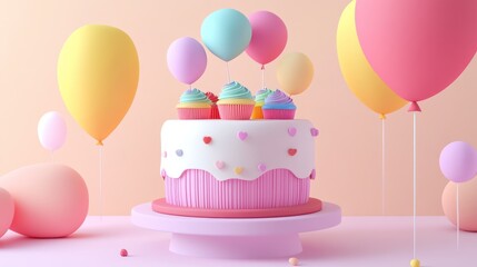 Pink birthday cake with cupcakes and balloons, pastel background