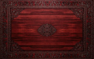 A wooden table with a red rug underneath it