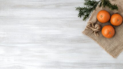 Two vibrant oranges with green leaves rest on burlap fabric, creating a striking contrast against a simple white wooden surface