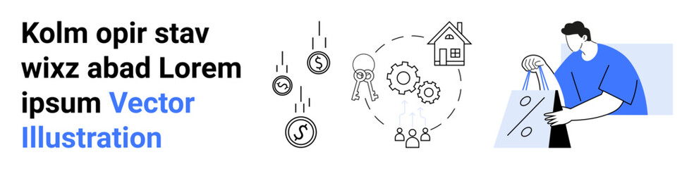 Customer holding shopping bags next to financial growth icons including dollar signs, gears, and keys. Ideal for financial services, e-commerce, retail marketing, personal finance, business