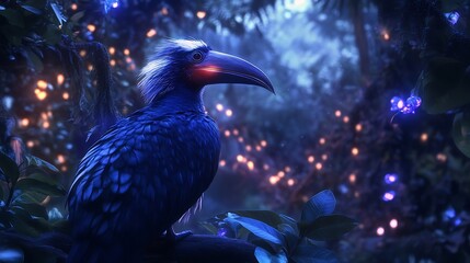 Fototapeta premium Bird perched on branch with lights in a dark forest