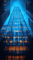 Dramatic Low Angle View of Skyscraper Architecture at Night